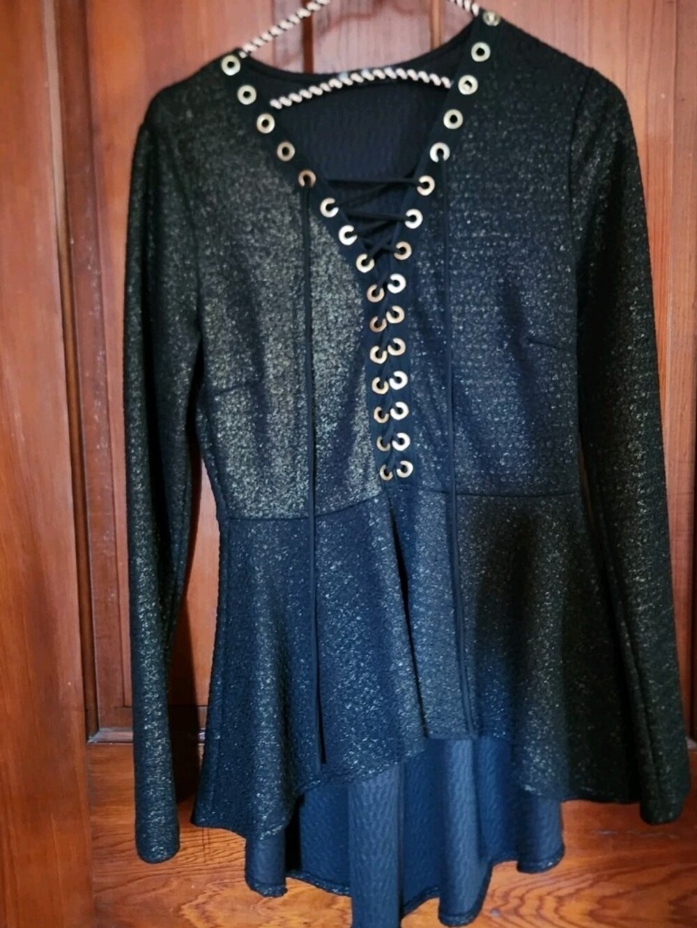 Vintage Discovery Black Metallic Peplum Top 90s Y2K Tie Front Blouse Dance Large